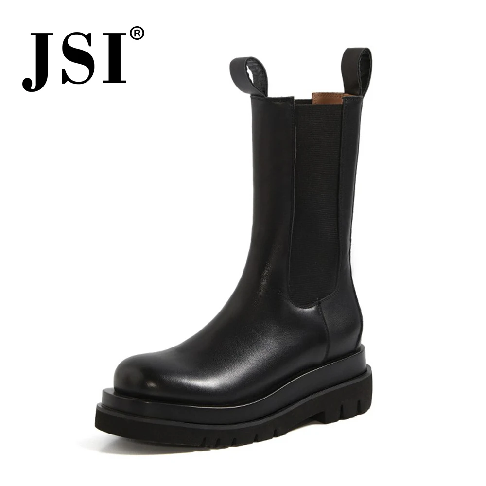 

JSI Mid-calf Boots Geunine Leather High Platform Flat Sqaure Heel Boots Ladies Ekastic Band Patchwork Waterproof Shoes JO591