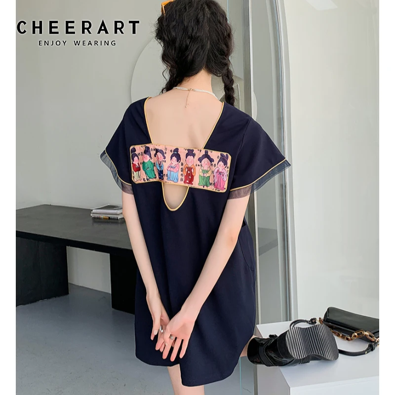 

CHEERART Веселые с открытой спиной Мультяшные расклешенные рукава летнее платье 2021 Дизайнерское черное прямое мини-платье Женская японская мода