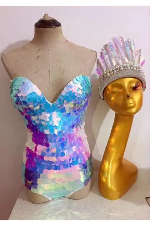 

sexy magic fish scales bodysuit Nightclub party bar stage show mermaid princess beauty costume crown gogo dj ds jumpsuit