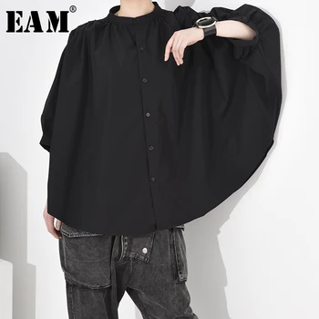 

[EAM] Women Black Pleated Big Size Blouse New Stand Collar Three-quarter Sleeve Loose Fit Shirt Fashion Spring Autumn 2020 A696
