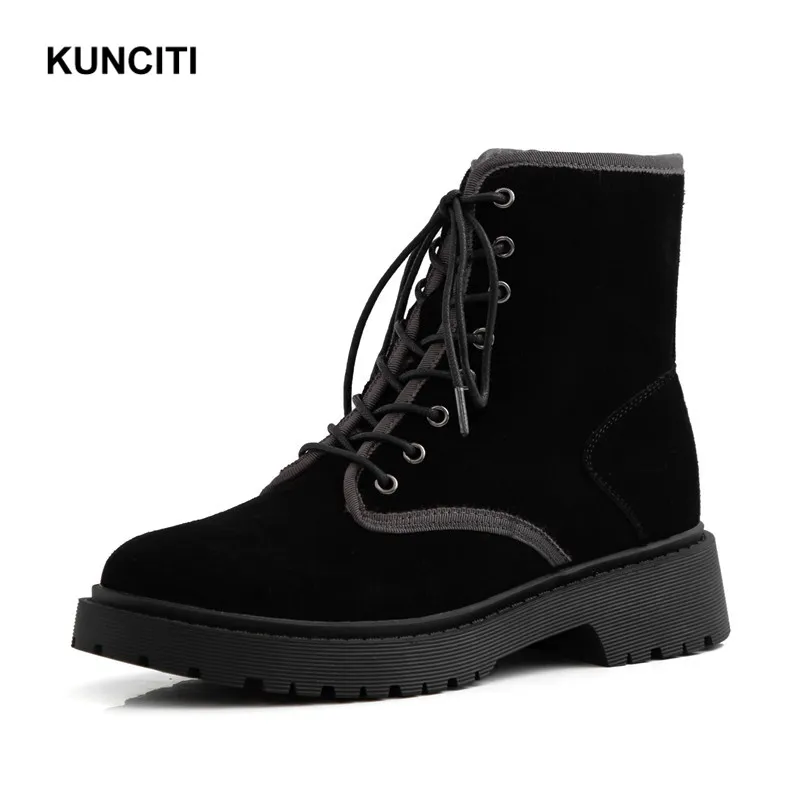 Black KUNCITI/теплая обувь на шнуровке; женские замшевые ботильоны; плюшевые теплые зимние ботинки; ботинки в байкерском стиле; женские ботинки; D9292 - Цвет: Black