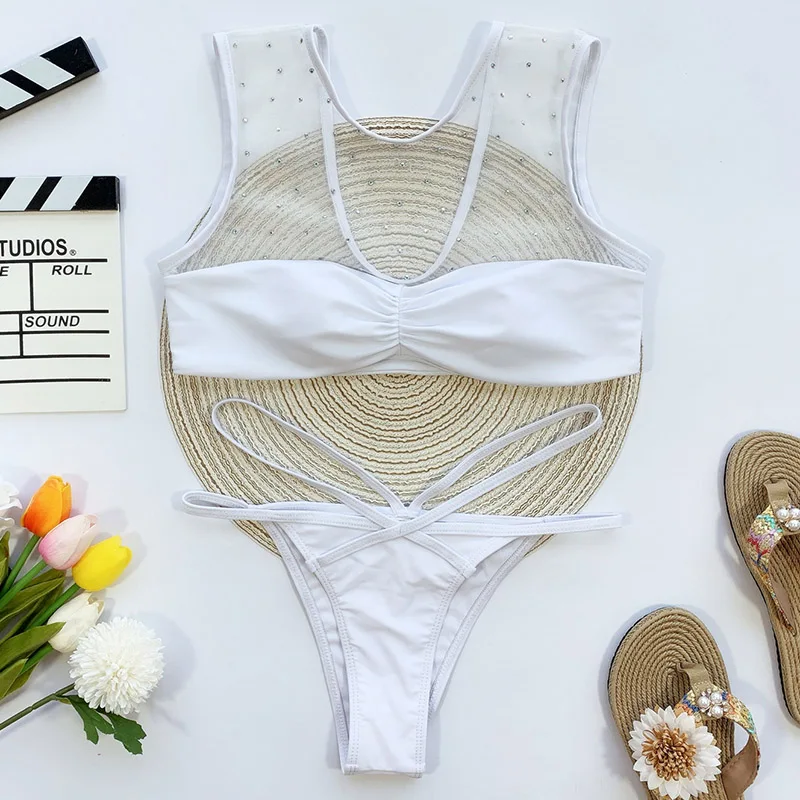 White Bikini Mesh Swimsuit Woman Rhinestones Swimwear Sexy Cut Out Thong Biquini Push Up Bathing Suit Ruched Brazilian Beachwear White Bikini Mesh Swimsuit Woman Rhinestones Swimwear Sexy Cut Out Thong Biquini Push Up Bathing Suit Ruched Brazilian Beachwear