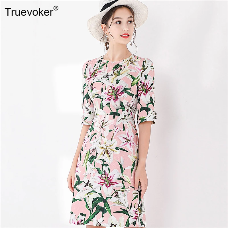 

Truevoker Royal Designer Dresses Women's High End Fashion Flower Printed Embossed Beading Crystal Pencil Vestidoes