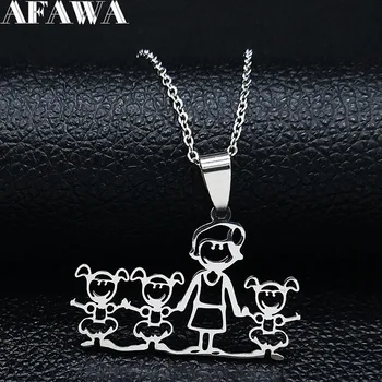 

2020 MAMA and Three Girl Stainless Steel Family Necklace for Women Silver Color Necklaces & pendants Jewelry joyeria N302S01