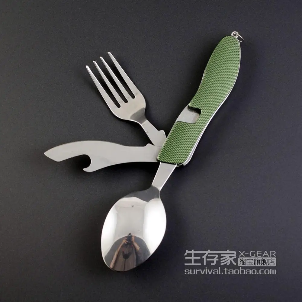 Outdoor Folding Tableware Stainless Steel Pocket Knife Fork Spoon Bottle Opener Camping Picnic Tool Set