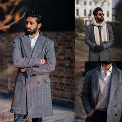 Herringbone Grey Men Overcoat Thick Warm Plus Size Double-Breasted Long Coat Casual Formal BusinessCustom Made Male Jacket