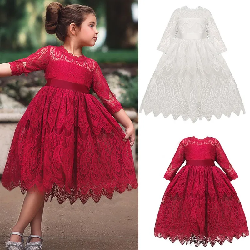 

Baby girl dress red children flowers tulle wedding dress party party dress girldress long sleeve lace tutu little princess dress