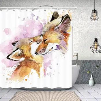 

Animals Motherhood Decor, Watercolor Fox Mother and Baby Fox Shower Curtain, Polyester Fabric Catoon Fox Bathroom Decorations,