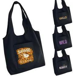 Canvas Bag Women's Portable One-shoulder Shopping Bag Savage Wild At Heart Printed Side Pockets Large Capacity Handbags Tote Bag