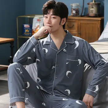 

2020 spring and autumn new printed cotton pajamas 2-piece suit simple men's pajamas lapel casual soft pajamas home service