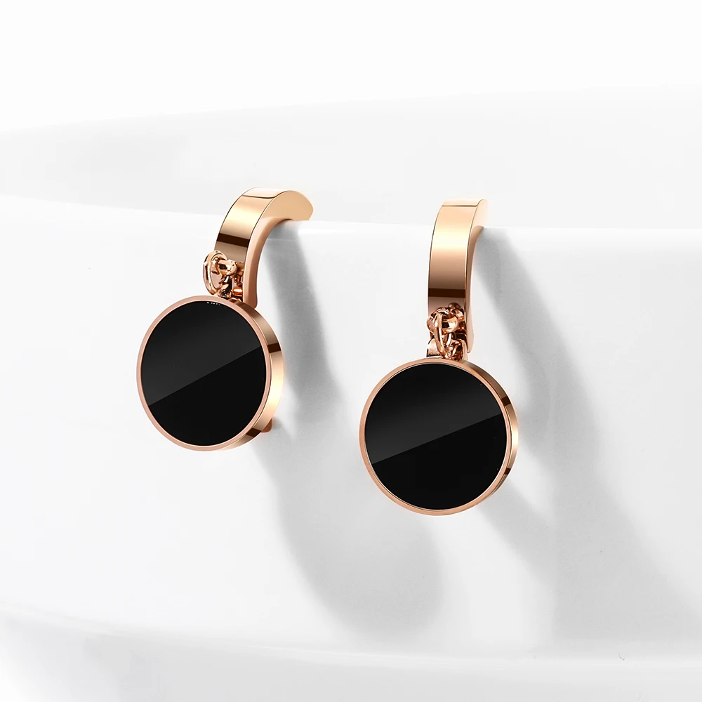 WYBU Titanium Steel Black Round Pendant Drop Earring For Women Rose Gold Plated Hoop Dangle Earring Earing Jewellery For Ear