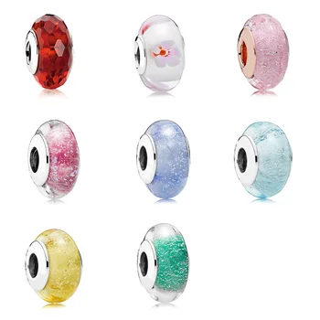 

925 Sterling Silver Glass Beads Charm Diy Plum Blossom Red Yellow Beads For Women Diy Pandora Charm Bracelet Necklace