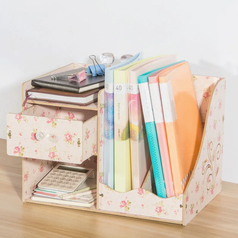 

Wood Desk Set Desktop Storage Rack A4 File Rack with Drawer Storage Box
