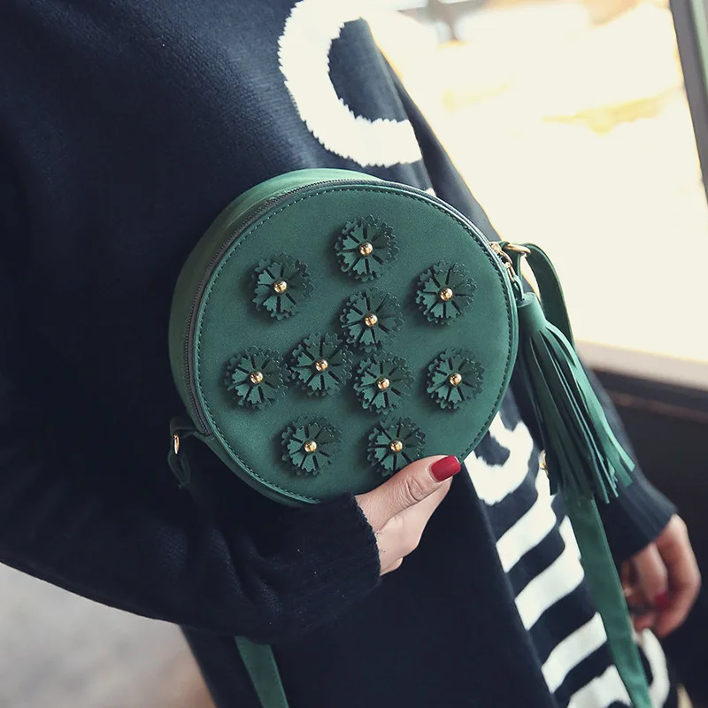 

2017 New Style WOMEN'S Bag Korean-style Circle Tassel Bag Solid Color Small Flower Bag WOMEN'S Shoulder Bag Small round Bag