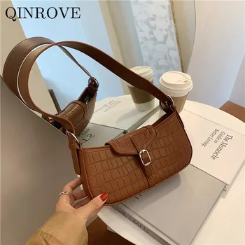 

QINROVE Handbags Baguette-bag Women's Sling Bag Fashion Small Casual Shoulder-bag Top-handle Alligator Pattern PU Leather Khaki