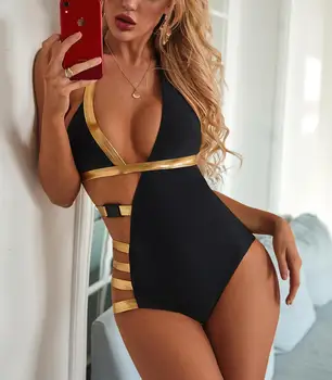 

Melphieer 2020 Gold Strap Hollow Cut Out Swimsuit Bathing Suits Swimwear Women
