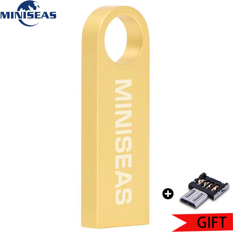 gold with adapter Miniseas водонепроницаемый металлический USB флэш-накопитель 32 Гб 64 Гб Флешка 16 ГБ флеш-накопитель 8 ГБ 4 ГБ Кле U диск памяти USB флешка - Цвет: gold with adapter