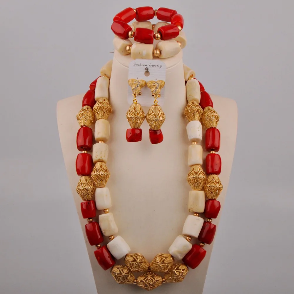 

New White and Red Natural Coral Necklace Nigerian Bride African Female Banquet Dress Accessories Wedding Jewelry Set AU-660