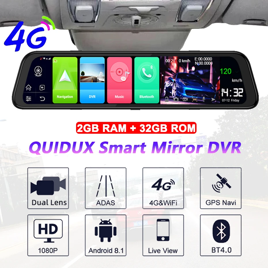 QUIDUX 4G 12 &quotсенсорный экран зеркало автомобиля видео Android 8 1 Dash Cam GPS навигатор ADAS FHD