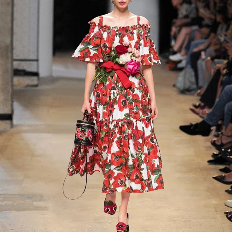 Sicilian vestido de verano estampado para mujer, con manga abullonada vestido de fiesta, tirantes finos, rosa roja, 2022|Vestidos| - AliExpress