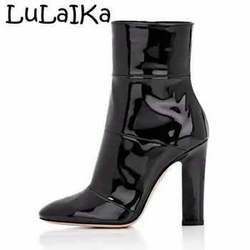 

High Quality 2020 Autumn Winter Fashion Patent Leather Solid Color Pointed Toe Thick Heel Side Zipper Elegant Ladies Short Boots