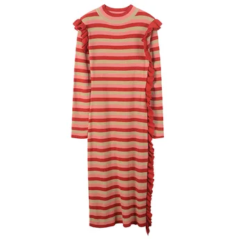 

Runway Sheath Striped Knitted Sweater Dress Women Elegant Winter Pullover Dress Midi Ruffles Autumn Split Ladies Vestido Bodycon