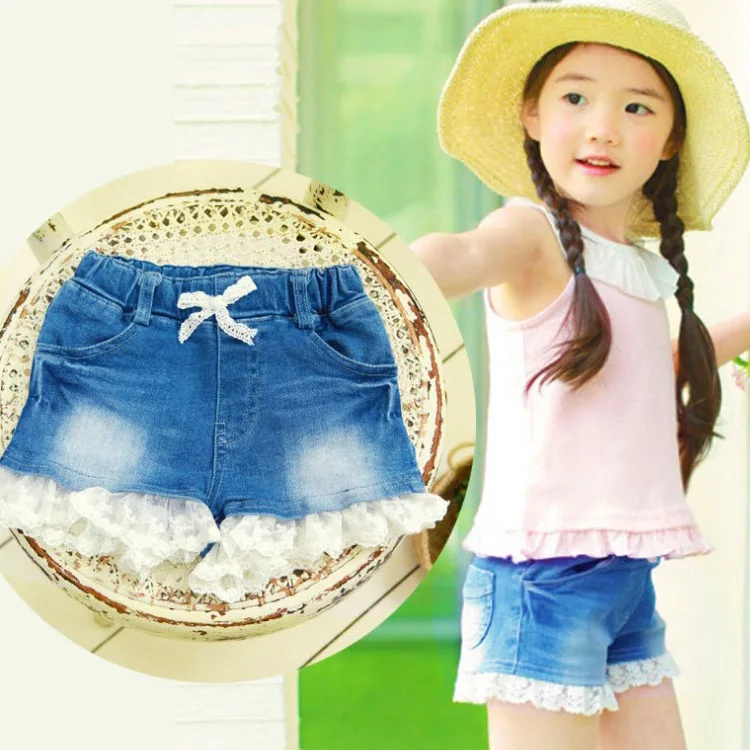 New Style Girls' Denim Shorts Korean-style Lace Trumpet Crawler Summer Children Denim Shorts