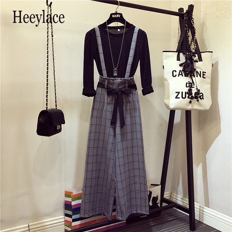 

2019 Autumn New Casual Two Piece Set Long Sleeve Solid Basic T-shirt + High Waist Plaid Bow Tie Up Wide Leg Pants Sets