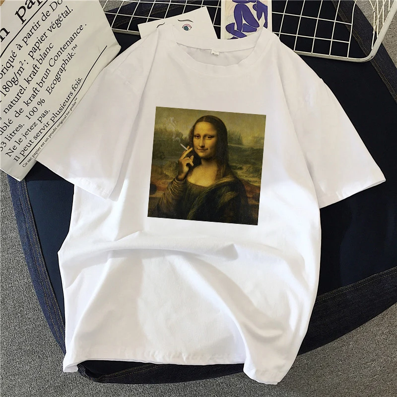 Fashion Mona Lisa theme T Shirt Women Lovely Print Short Sleeved O-neck T-shirt Vintage Vogue Ullzang Tshirt Harajuku Tops