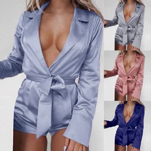 Шелковый Цельный Блейзер, шорты с v-образным вырезом и длинным рукавом, женские комбинезоны, спортивная одежда, красивые модные сексуальные комплекты, повседневные свободные костюмы для фитнеса