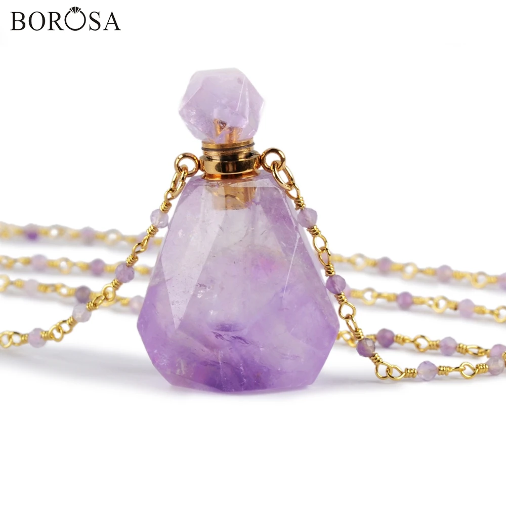 BOROSA Perfume Bottle Natural Multi-Kind Stone White Quartz Amazonite Amethysts 26inch Bead Chains Necklace Jewelry HD0091