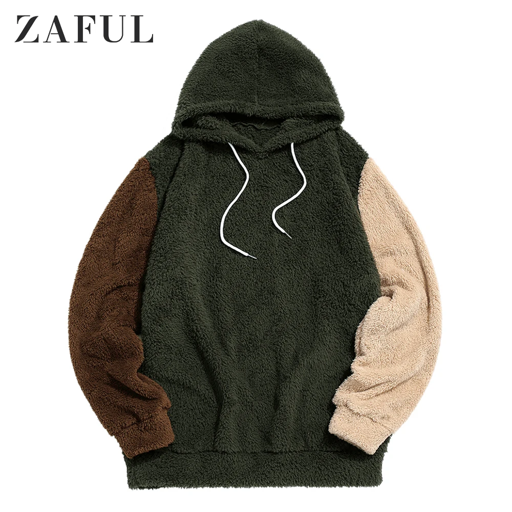 Мужские толстовки с капюшоном ZAFUL, пуловер с цветными блоками, с кулиской, с пушистым капюшоном, женские осенние толстовки, уличная одежда, мужские цветные топы - Цвет: Dark green