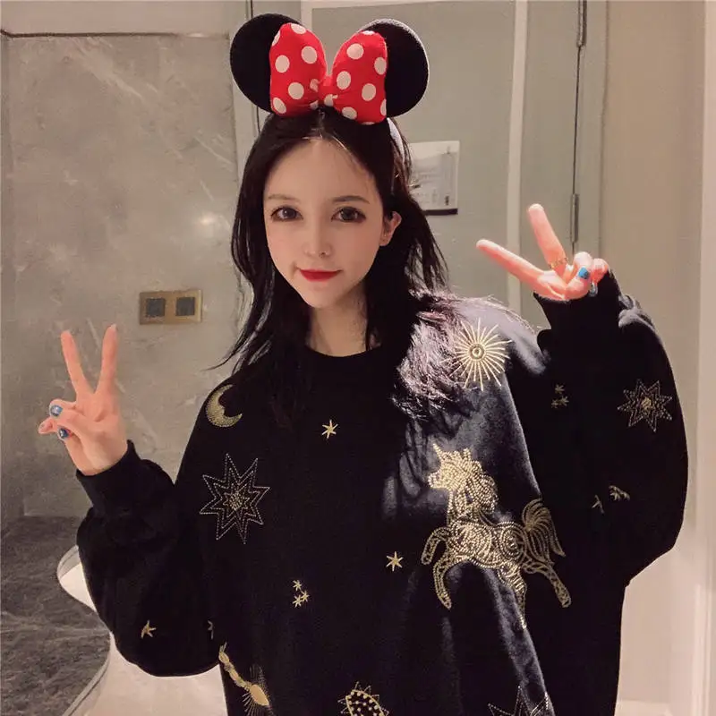 Harajuku Японская толстовка женская мужская толстовка черные толстовки крутая вышивка животных пуловер с длинными рукавами свободные толстовки для девочек