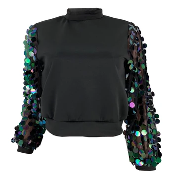 

New Women's Fashion Splicing Cropped Top Sequins Lantern Sleeves Crop Sweatshirt Crew NeckI rregular Show Off Coat