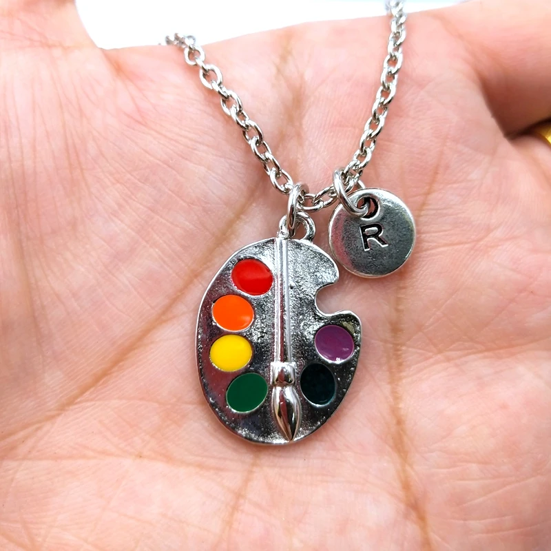 

Artist's Palette Necklace - Silver Pewter and Epoxy Painter's Pallet A-Z letter Charm necklace - Paint Brush and Paint Jewelry