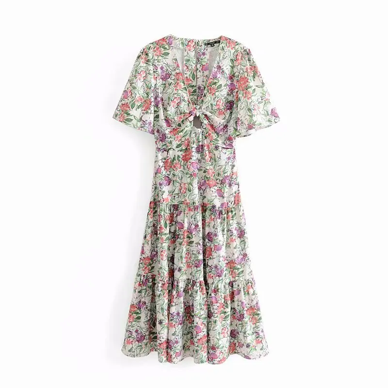 

2019 Western Style WOMEN'S Dress New Products Flower Printed Short Sleeve V-neck Knot Backless Long Skirts Fashion Elegant Dress