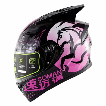 

ECE Approved Soman SM960 Double Lens Highway Riding Full Face Vintage casco capacete moto Motorcycle Helmet+Spoiler horns