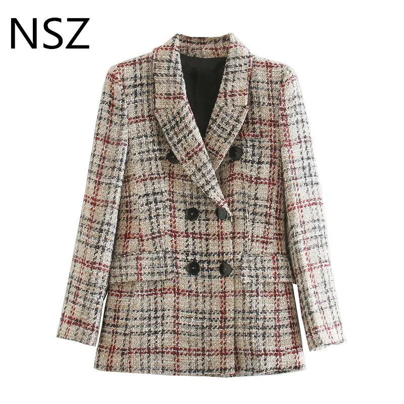 

NSZ Women Houndstooth Tweed Blazer Double Breasted Plaid Coat Fall Winter Checked Jacket Fashion Outerwear In Stock