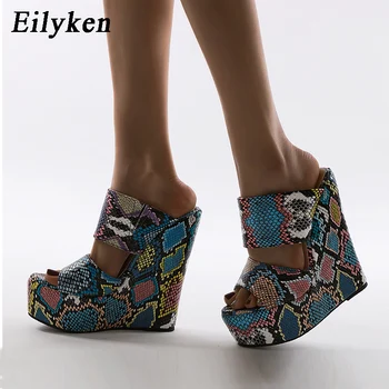 

Eilyken 2020 New Wholesale Green Serpentine Wedges High Heels Leisure Summer Sandal Women Shoes Woman platform Mules Slippers
