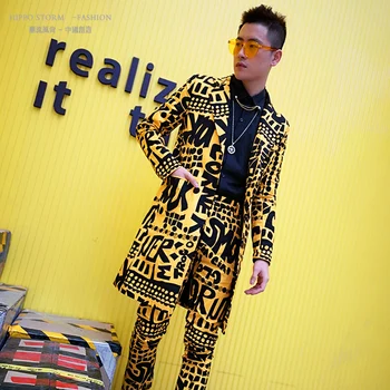 

Korean style fashion yellow letter mid-length suit British men's slim suit nightclub trendy men's suit two-piece suit sets