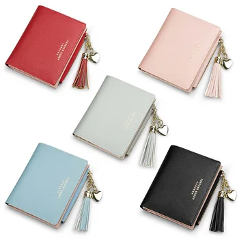 

Women PU Leather Tassel Wallet Solid Color Short Muti-card Wallet Girls Cute Zipper Coin Purses Female Purse Clutch Wallet