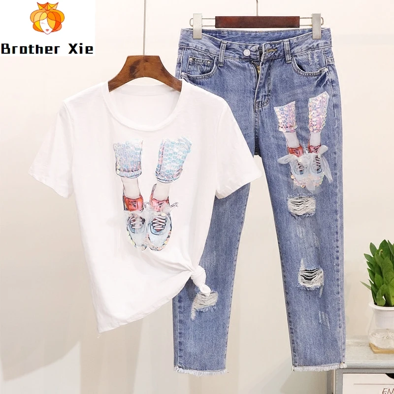 

Summer Women New Fashion Sequins Shoes Short Sleeves T-shirts Tee + Holes Seven Points Jeans Set Students Denim Pants Set