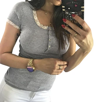 

Sweet Lace Patchwork Women T-shirts Sexy Scoop Neck Buttons Summer Tee Shirt Female Casual Basic Twill Tshirt Blusas Tops GV325