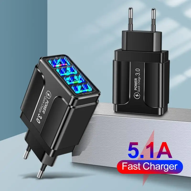 4USB Qc 3.0 Quick Charge 5.1A USB Fast Charging Power Adapter For Samsung IPhone HTC Xiaomi 4 Ports Phone Charger EU US UK | Мобильные