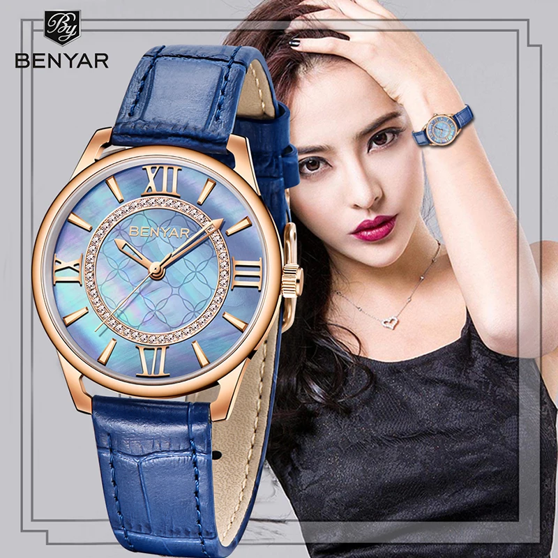 Relógio de Couro de Quartzo Relógios de Pulso da Marca de Luxo Novos Relógios Femininos Benyar Senhoras Vestido Superior Relógio Feminino 2019