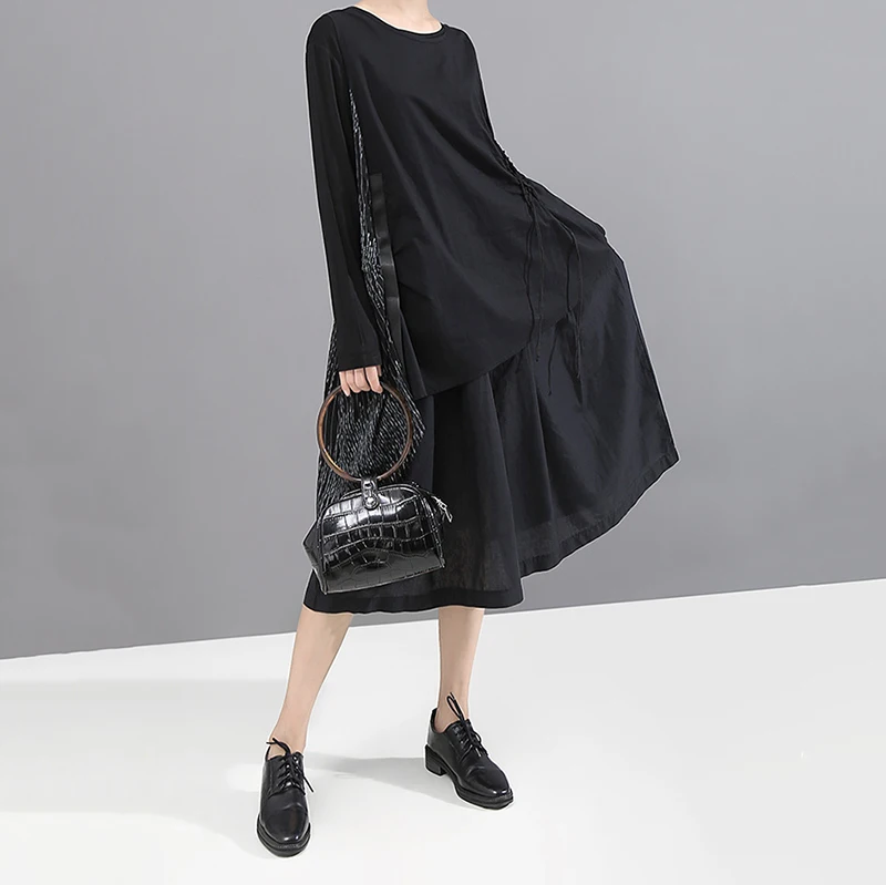 [EAM] женское Плиссированное черное платье из двух частей, новинка, круглый вырез, длинный рукав, свободный крой, мода, весна-осень, 1B251