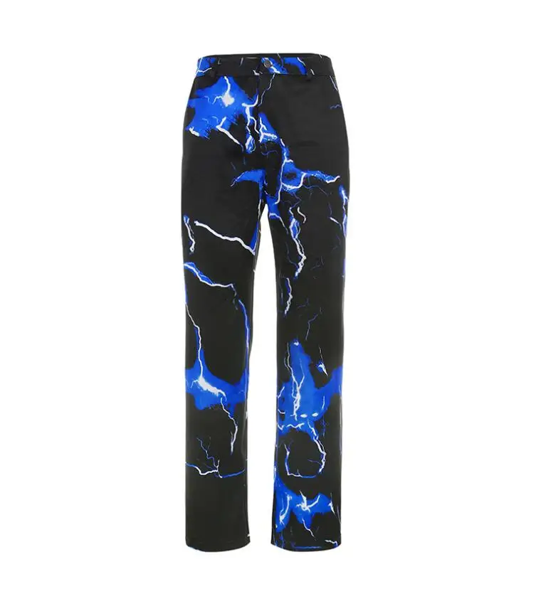 

Autumn Winter Lightning Print Streetwear Casual Pants Women High Waist Trousers