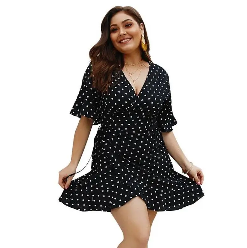 

Summer Chiffon Dress Polka Dot Boho Beach Dress Vintage Ruffles Short Sleeve A-Line Party Mini Dress Sundress Vestidos Plus Size