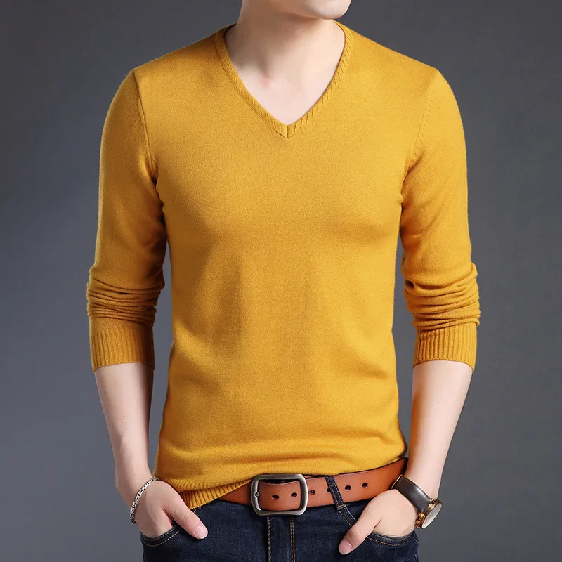 Yellow Niceautumn And Winter Pop Fashion Clothing Pullover Men Sweater V-neck Solid Color Slim Men Sweater - Цвет: Yellow