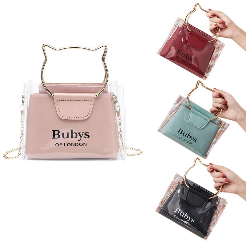 

Women Handbag PVC Transparent Letter Printing Metal Chain Cute Jelly